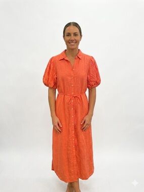 Finley Orange Puff-Sleeve Button-Front Midi Dress